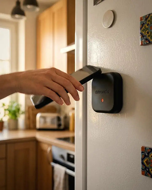 Elle touche le Débranche posé dans la cuisine avec son téléphone : ses applis sont bloquées
